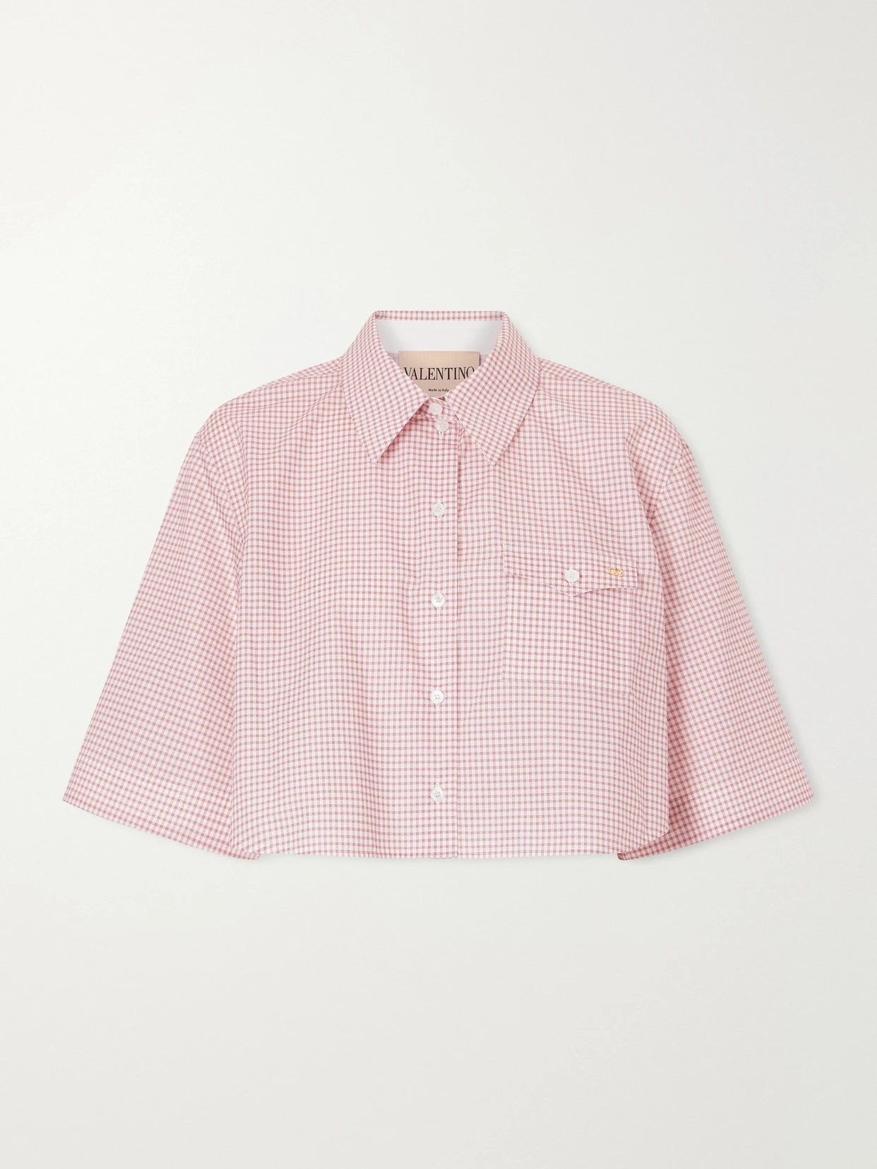 Image of a model wearing Tops. Product name - Vlogo-embellished Cropped Checked Cotton Shirt in Pink colour by brand - Valentino Garavani