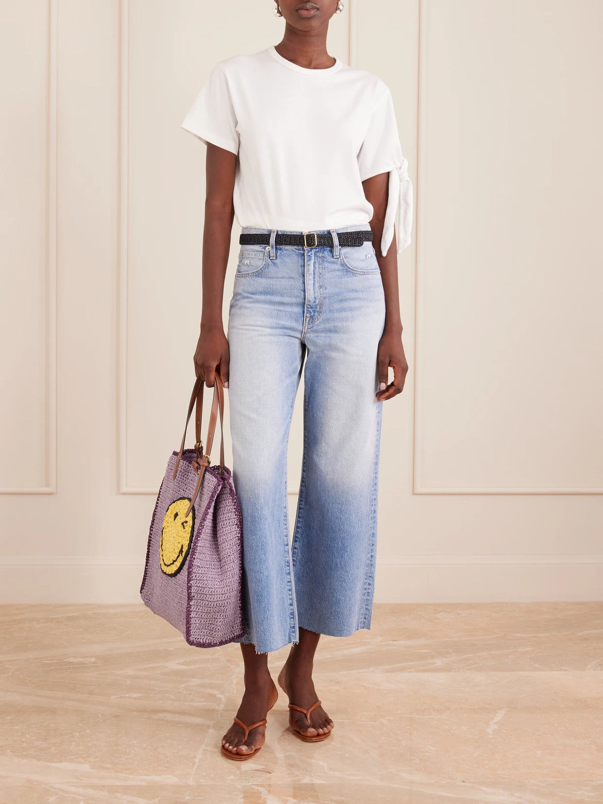 Wink Leather-trimmed Raffia Tote
