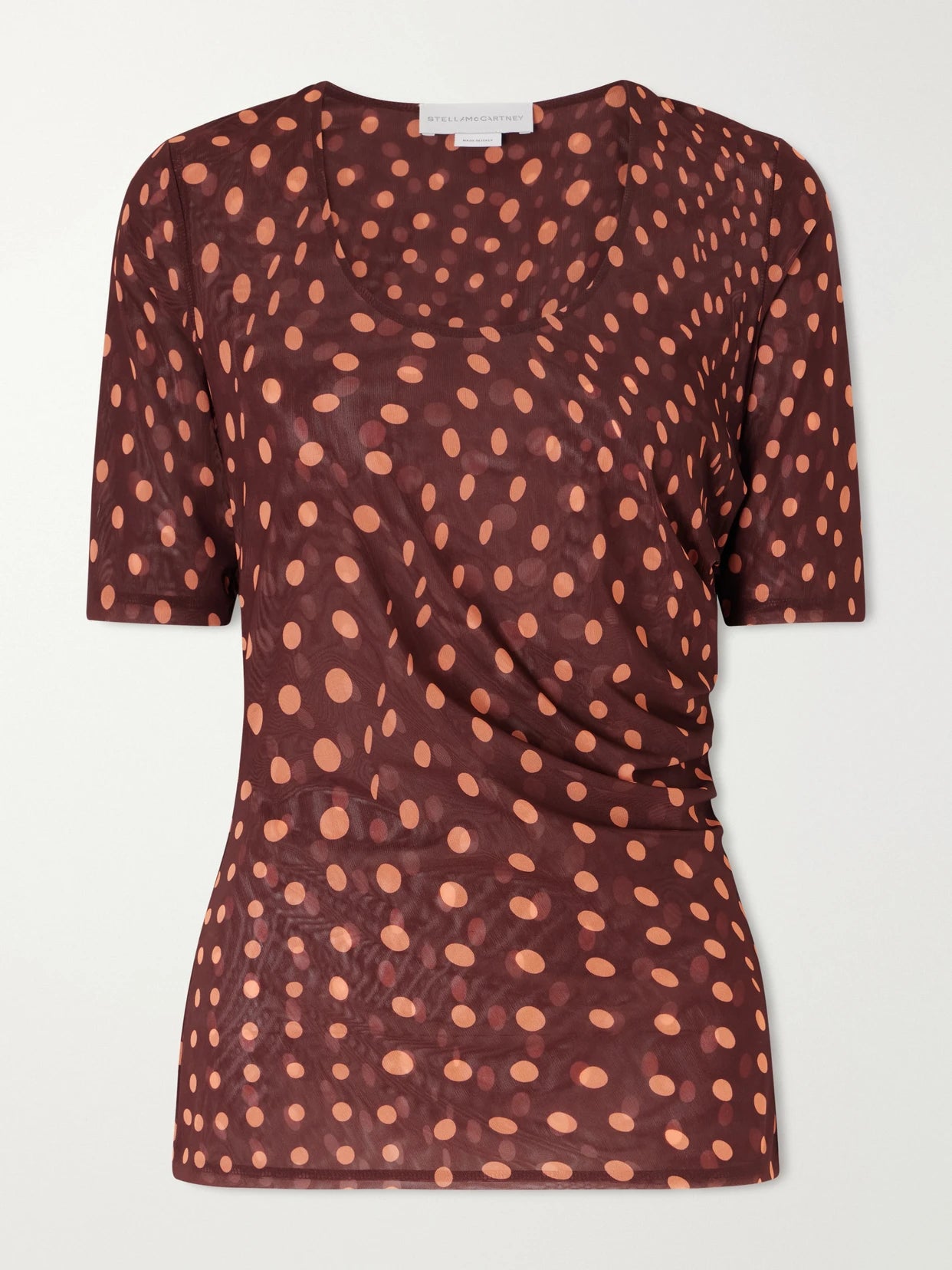 Image of a model wearing Tops. Product name - Gathered Polka-dot Mesh T-shirt in Burgundy colour by brand - Stella McCartney
