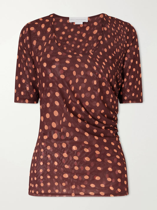 Image of a model wearing Tops. Product name - Gathered Polka-dot Mesh T-shirt in Burgundy colour by brand - Stella McCartney