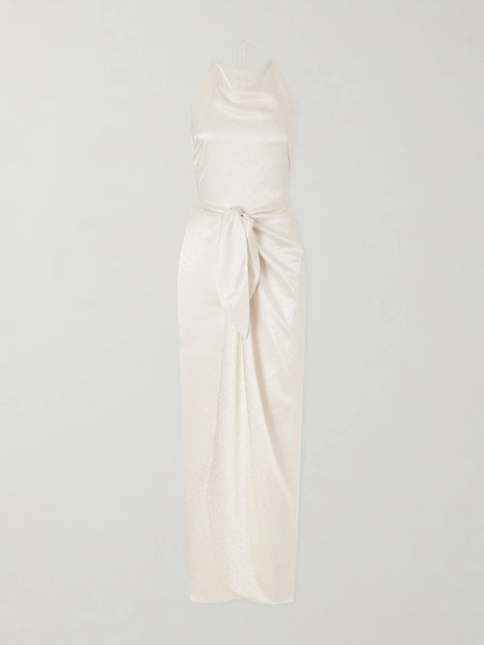 AFLALO Nourin Polka-dot Knotted Satin-jacquard Halterneck Maxi Dress
