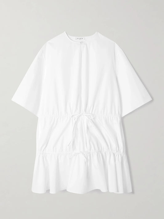 Image of Dresses. Product name - Gathered Cotton-poplin Mini Dress in White colour by brand - Alaïa