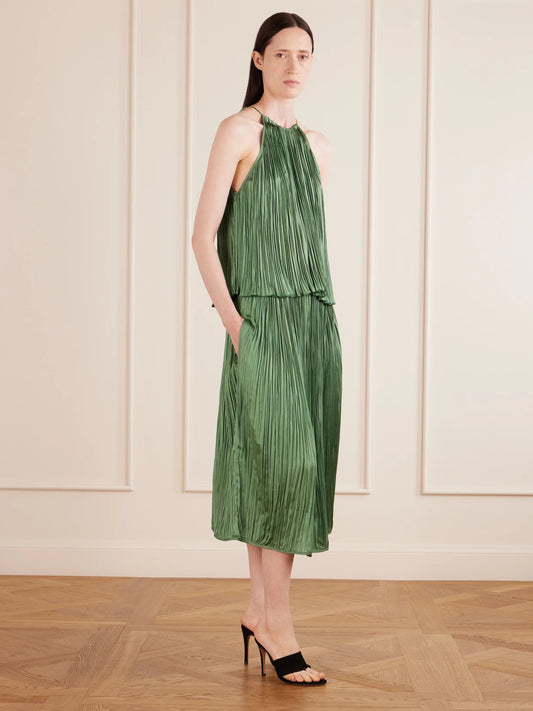 Image of a model wearing Skirts. Product name - Avelline Plissé-satin Midi Skirt in Green colour by brand - AFLALO