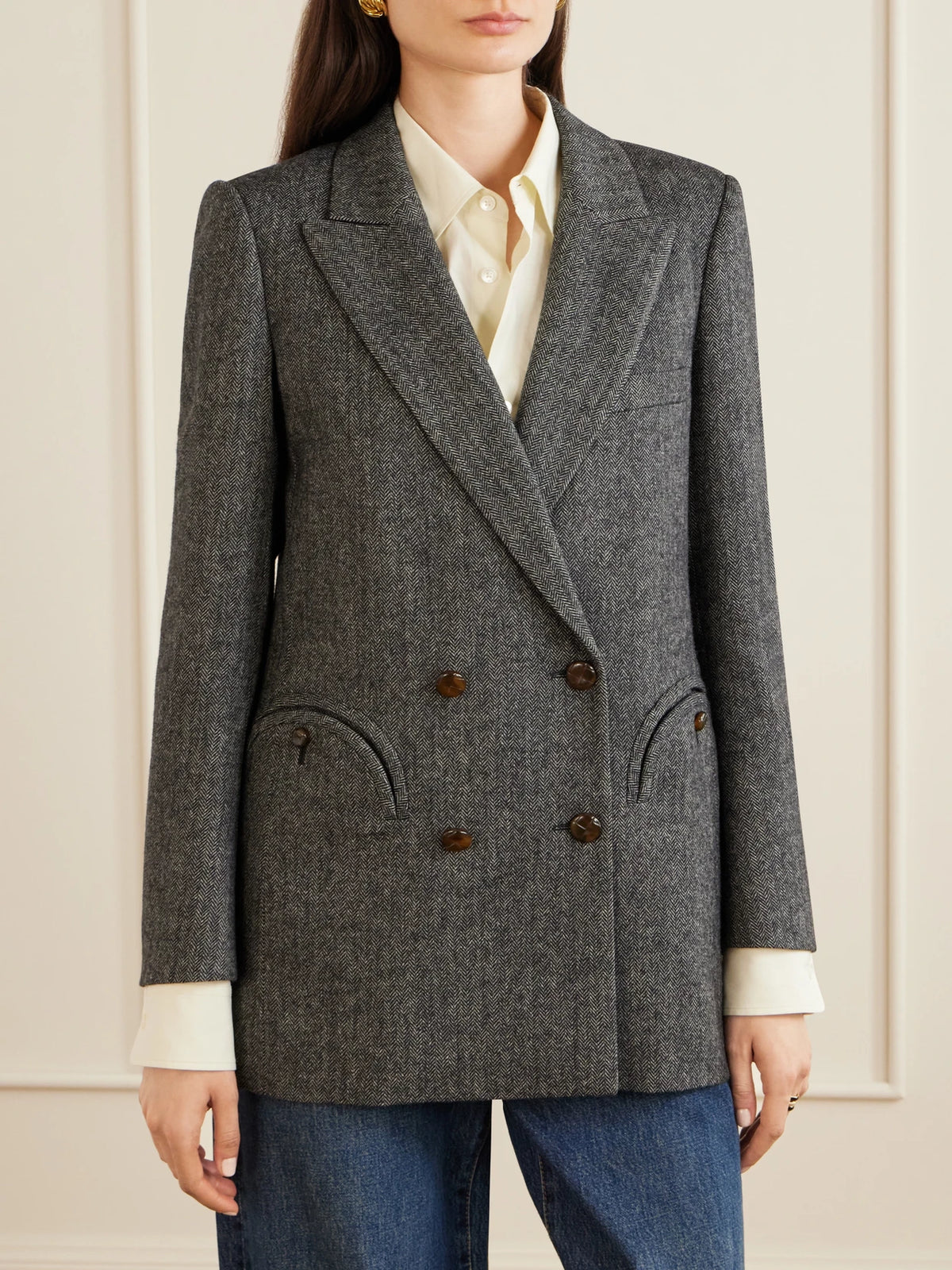 Everyday Double-breasted Herringbone Wool-blend Blazer