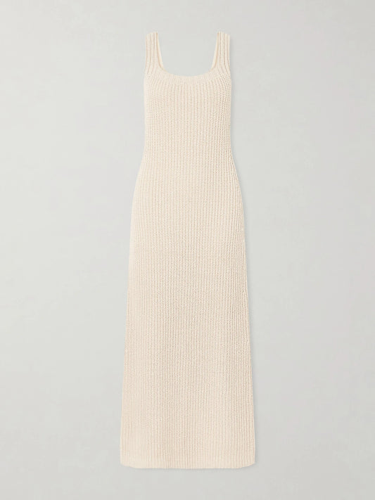 Image of Dresses. Product name - Lex Crocheted Silk And Cotton-blend Midi Dress in Ivory colour by brand - KHAITE