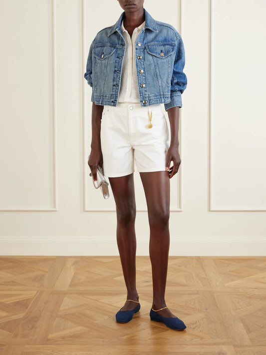 Image of a model wearing Shorts. Product name - Mid-rise Straight-leg Shorts in White colour by brand - Stella McCartney
