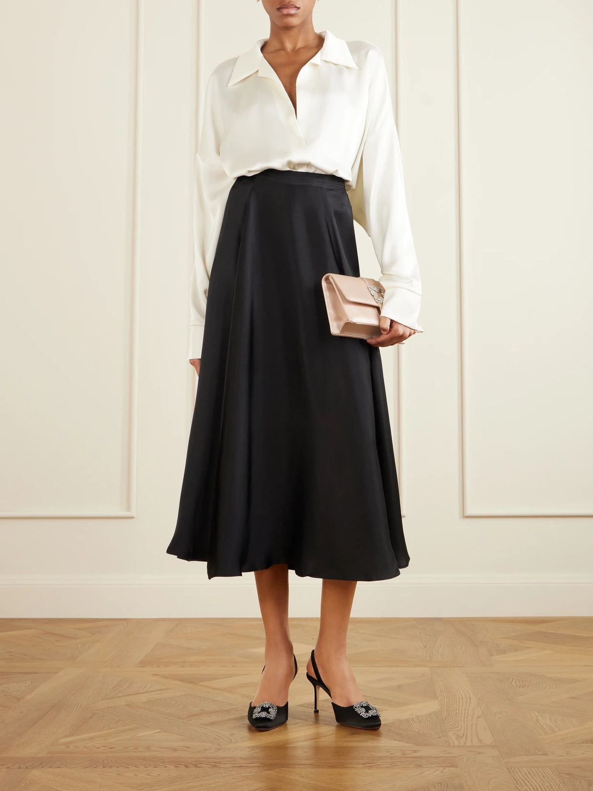 Image of Heels. Product name - Hangisli 70 Embellished Satin Slingback Pumps in Black colour by brand - Manolo Blahnik