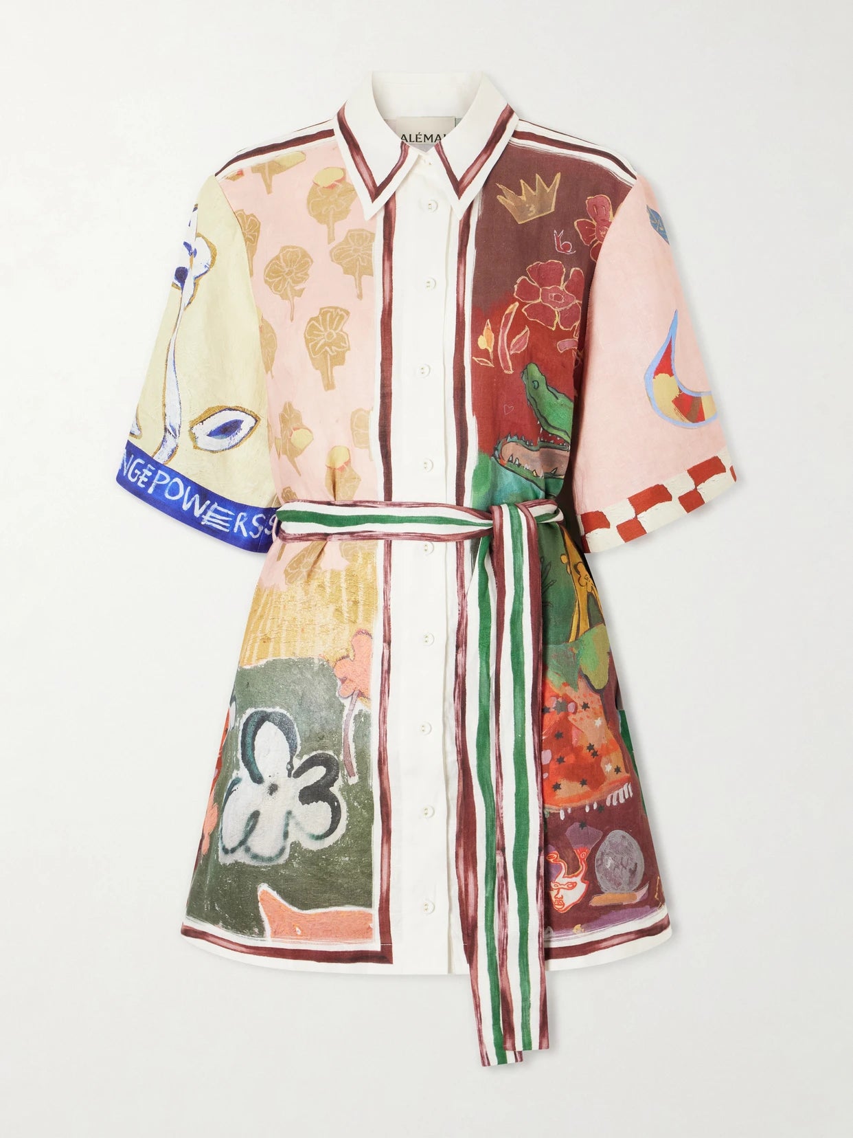 Image of Dresses. Product name - Tangible Love Belted Printed Linen Mini Dress in Multi colour by brand - ALÉMAIS