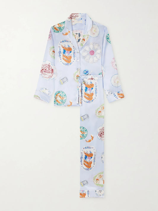 Image of Lingerie. Product name - Lila Printed Silk-satin Pajama Set in Blue colour by brand - Olivia von Halle