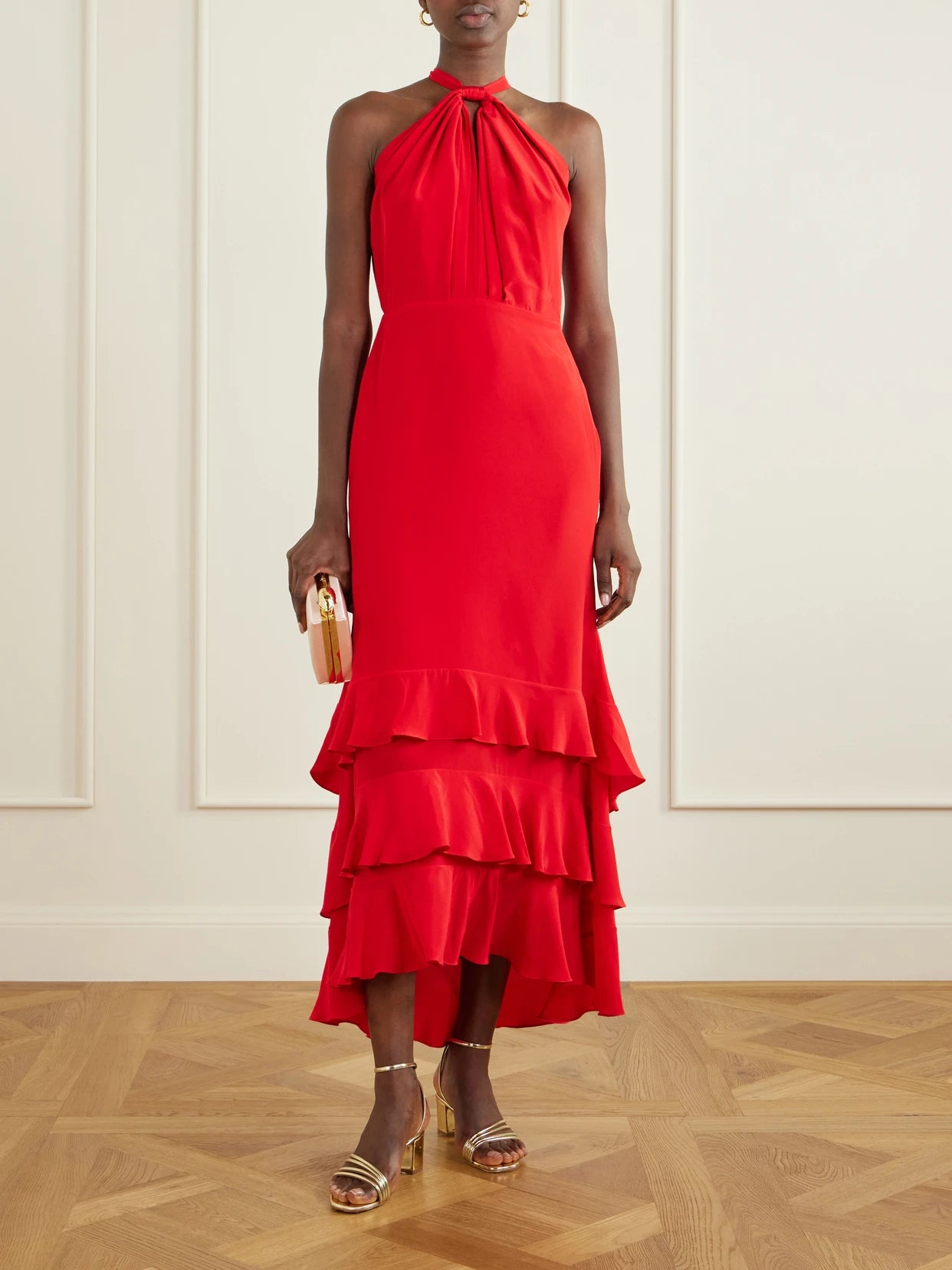 Image of Dresses. Product name - Vino De Palma Ruffled Duchesse-satin Silk Halterneck Maxi Dress in Red colour by brand - Andres Otalora