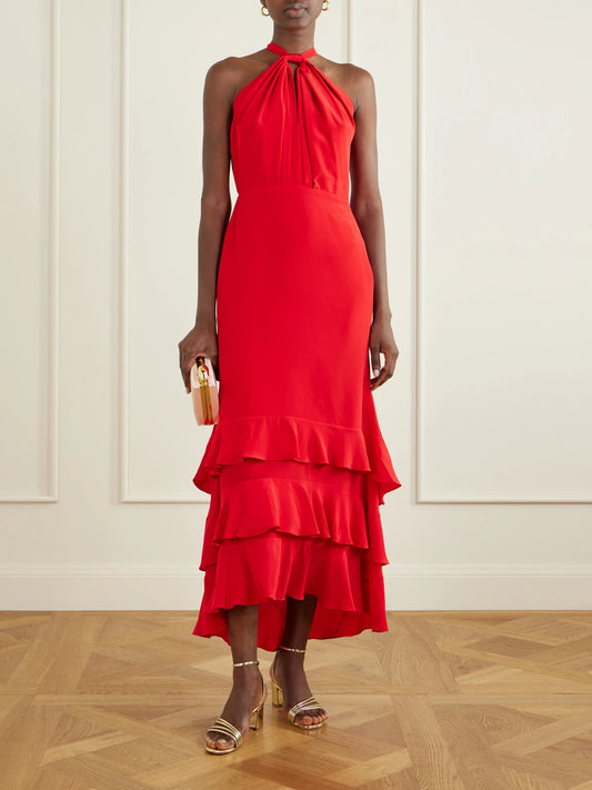 Image of Dresses. Product name - Vino De Palma Ruffled Duchesse-satin Silk Halterneck Maxi Dress in Red colour by brand - Andres Otalora