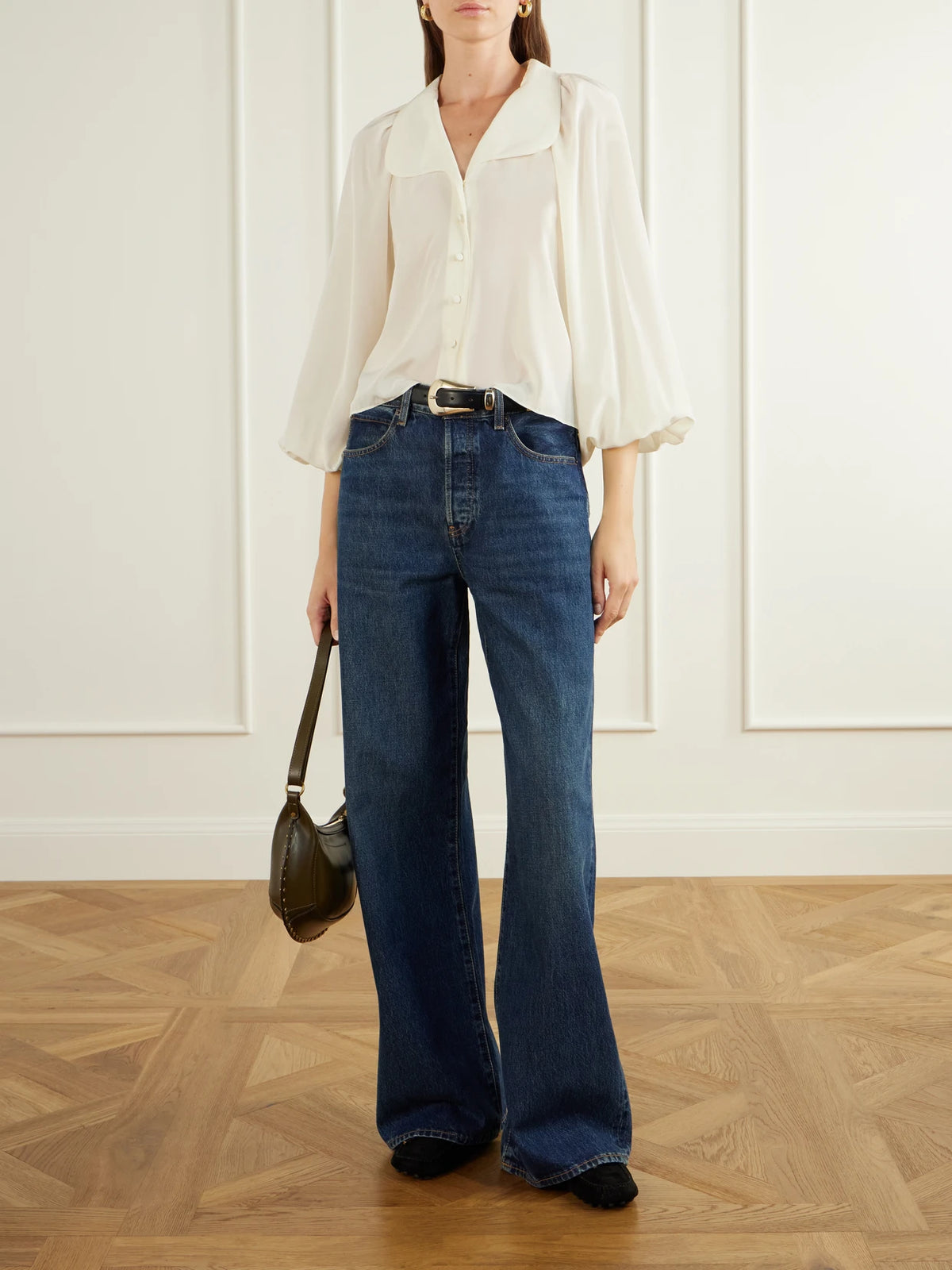 Image of a model wearing Tops. Product name - The Gala Silk-crepe De Chine Blouse in Cream colour by brand - FRAME