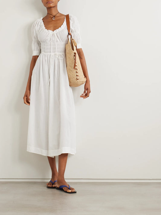 Image of Dresses. Product name - Ischia Shirred Organic Cotton-blend Voile Midi Dress in White colour by brand - DÔEN