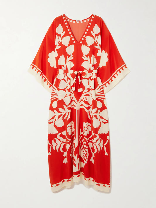 Image of Dresses. Product name - Holi Belted Printed Silk Crepe De Chine Cover-up in Red colour by brand - Eres