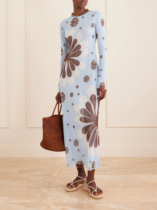Image of Dresses. Product name - Tania Printed Mesh Midi Dress in Blue colour by brand - Cala de la Cruz