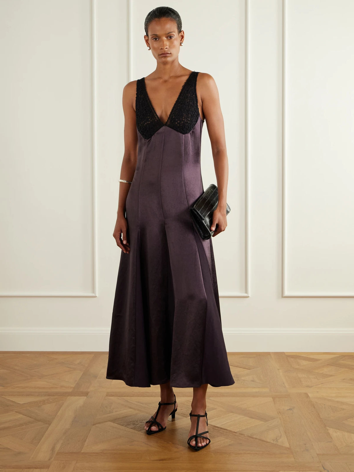 Image of Dresses. Product name - Lace-trimmed Satin Midi Dress in Dark purple colour by brand - Maria McManus