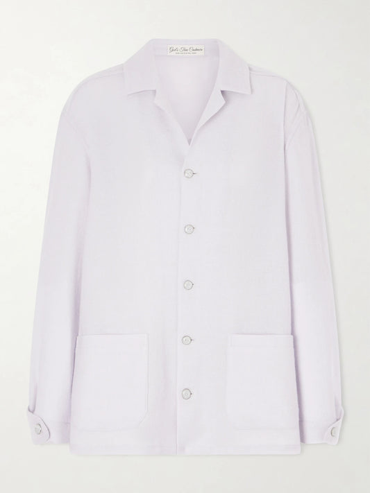 Image of a model wearing Outerwear. Product name - Cashmere Pyjama Shirt in Purple colour by brand - God's True Cashmere