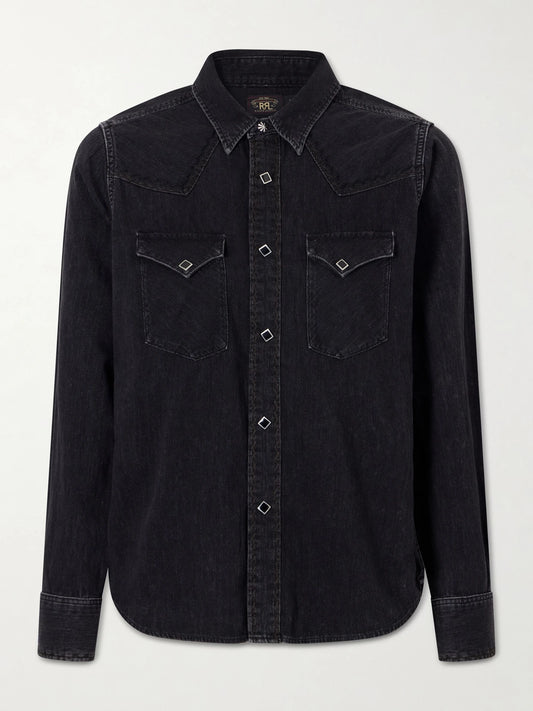 Image of a model wearing Tops. Product name - Wrangler Embroidered Cotton Chambray Shirt in Black colour by brand - RRL