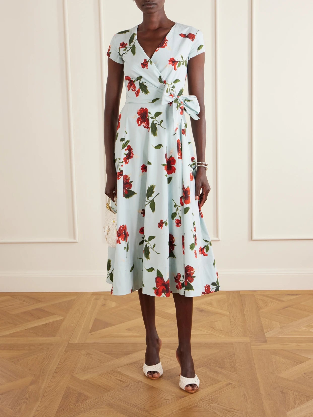 Image of Dresses. Product name - Floral-print Cotton-poplin Wrap Midi Dress in Light blue colour by brand - Oscar de la Renta