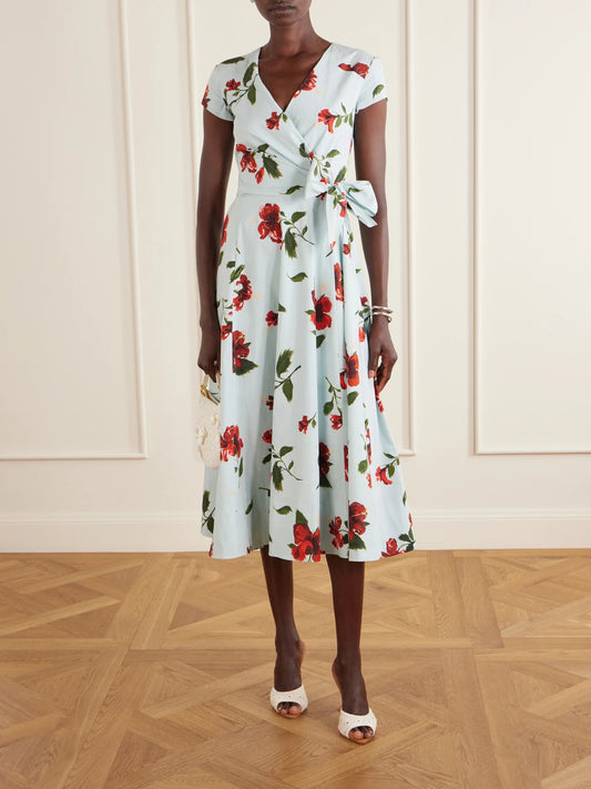 Image of Dresses. Product name - Floral-print Cotton-poplin Wrap Midi Dress in Light blue colour by brand - Oscar de la Renta