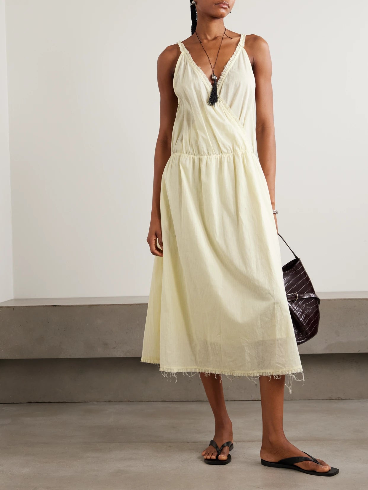 Image of Dresses. Product name - Crossed Wrap-effect Striped Organic Cotton Midi Dress in Yellow colour by brand - Deiji Studios