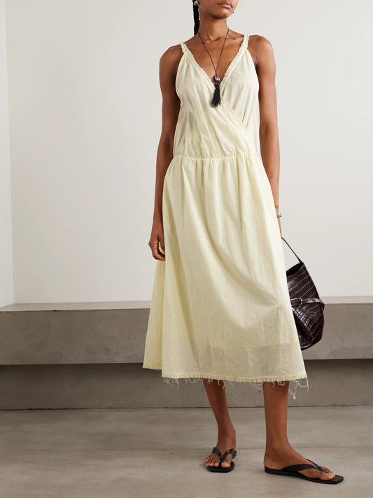 Image of Dresses. Product name - Crossed Wrap-effect Striped Organic Cotton Midi Dress in Yellow colour by brand - Deiji Studios