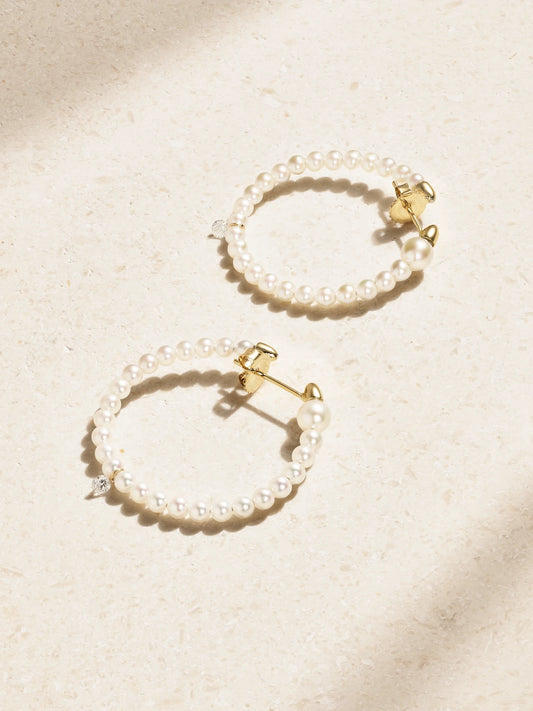 14-karat Gold, Pearl And Diamond Hoop Earrings