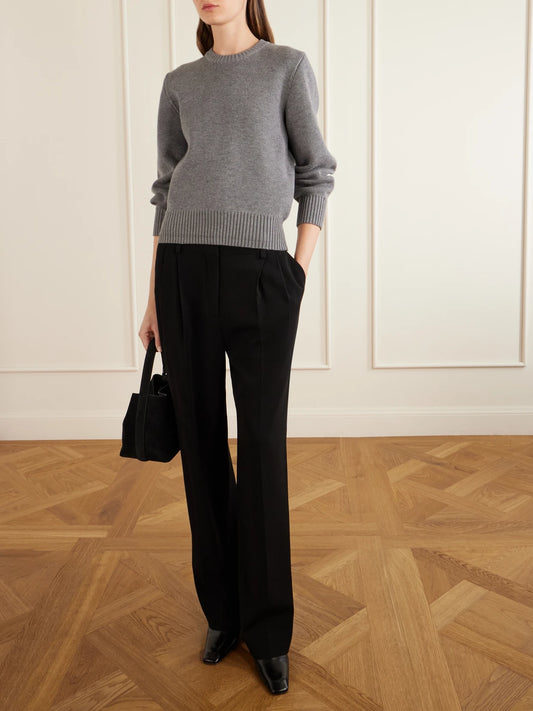 Image of a model wearing Outerwear. Product name - Wool And Cotton-blend Sweater in Gray, Black colour by brand - TOTEME