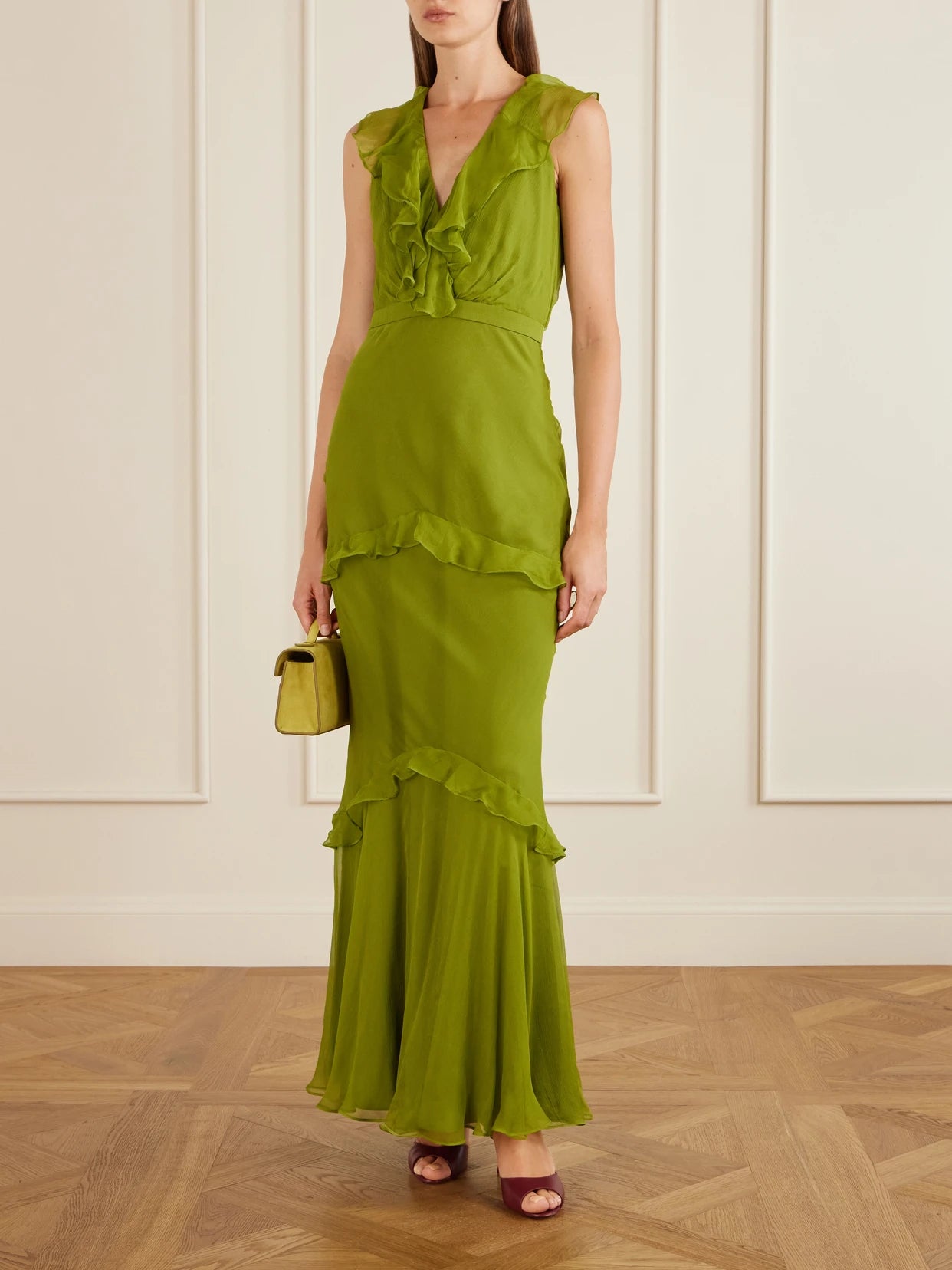 Image of Dresses. Product name - Rita Gathered Ruffled Silk Gown in Army green colour by brand - Saloni