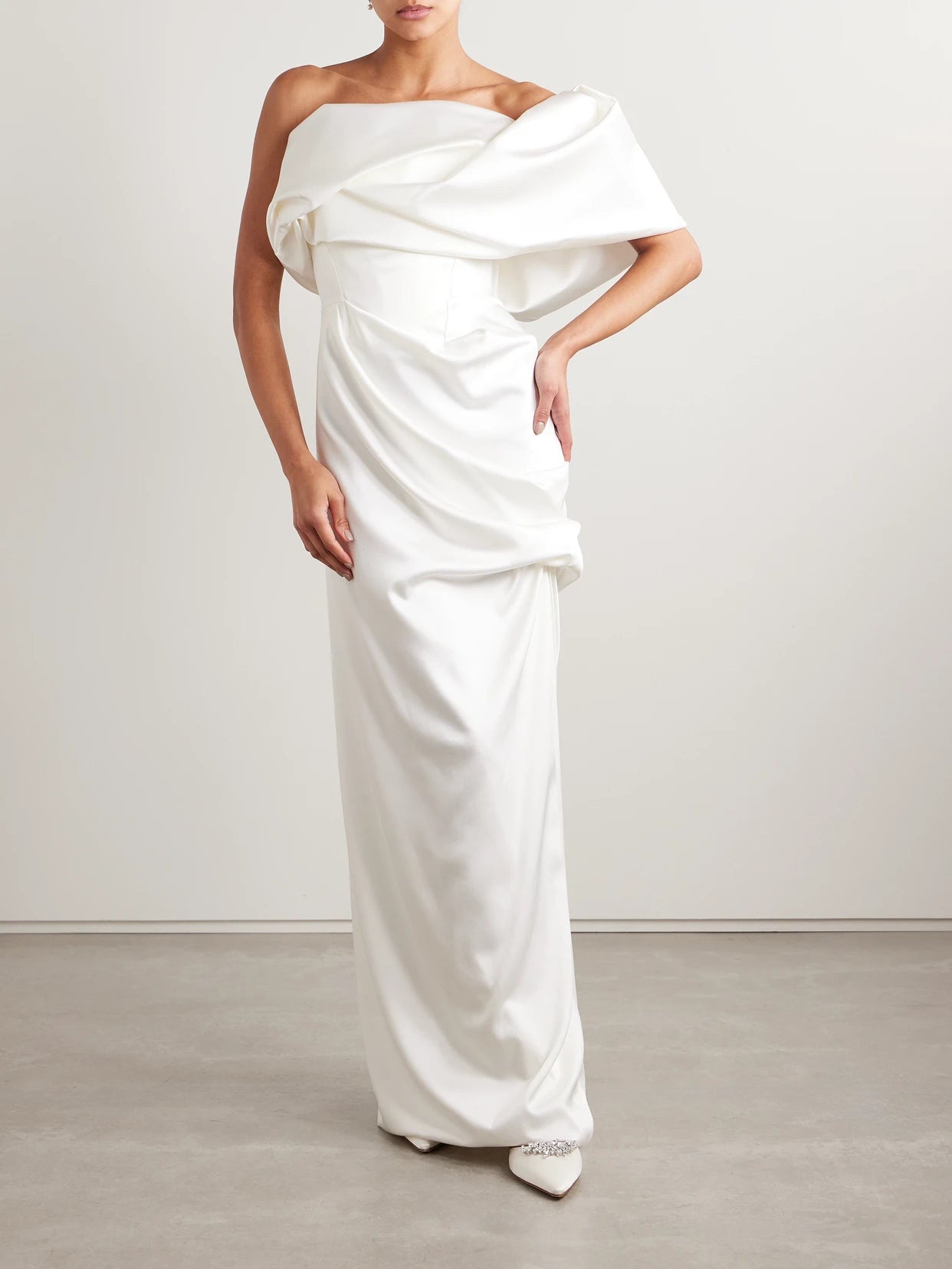 Image of Dresses. Product name - Sybyl Off-the-shoulder Draped Satin Gown in Ivory colour by brand - Vivienne Westwood