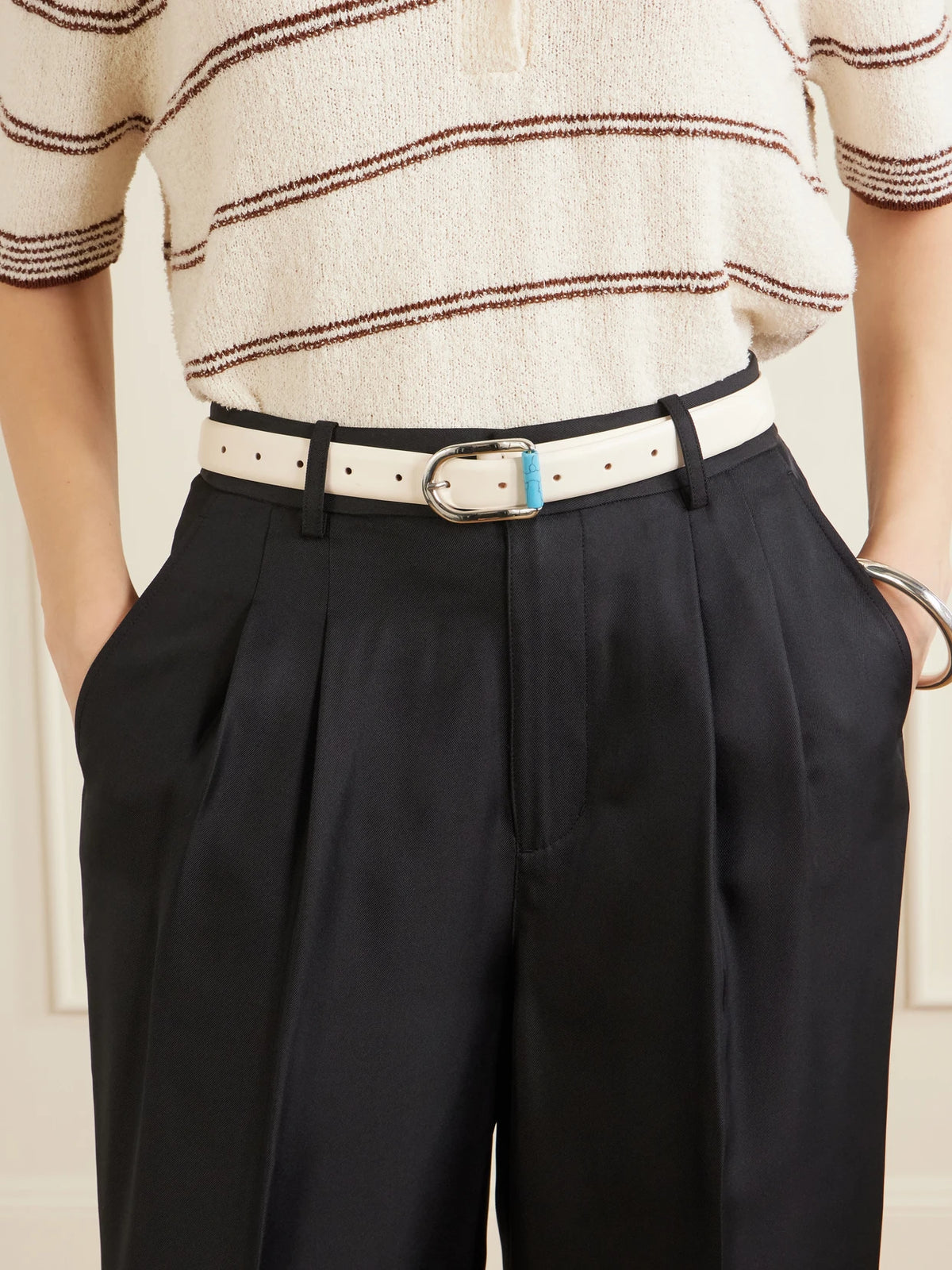 Image of Belts. Product name - Mija Turquoise-embellished Leather Belt in Ivory colour by brand - Déhanche