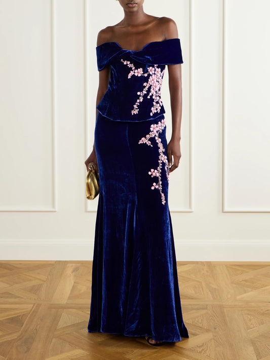 Image of Dresses. Product name - Rielle Flower-appliqué Off-shoulder Velvet Gown in Blue colour by brand - Costarellos