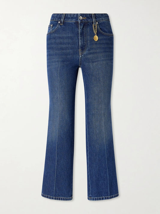 Image of Jeans. Product name - Mid-rise Cropped Flared Jeans in Mid denim colour by brand - Stella McCartney