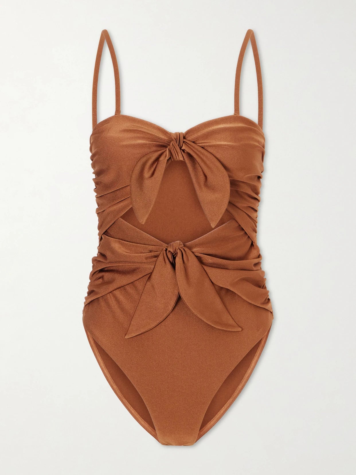 Image of Swimwear. Product name - Aster Knot-detailed Gathered Swimsuit in Brown colour by brand - Zimmermann