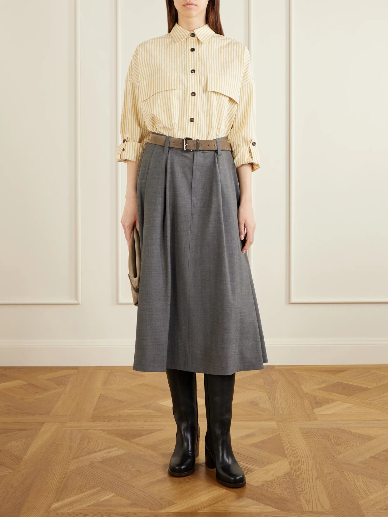 Image of a model wearing Tops. Product name - Striped Printed Cotton-blend Shirt in Sand colour by brand - Brunello Cucinelli