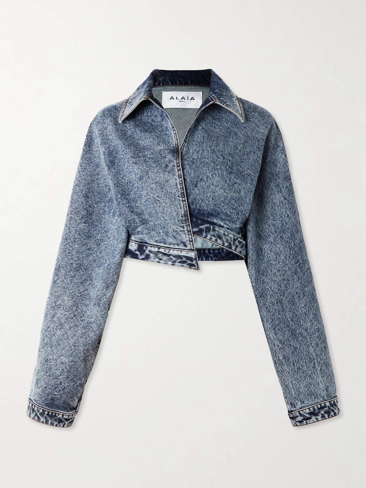 Image of Coats & Jackets. Product name - Cropped Asymmetric Denim Jacket in Blue colour by brand - Alaïa