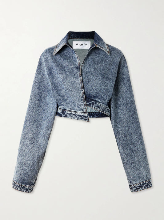 Image of Coats & Jackets. Product name - Cropped Asymmetric Denim Jacket in Blue colour by brand - Alaïa
