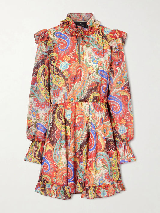 Image of Dresses. Product name - Ruffled Paisley-print Chiffon Mini Dress in Multi colour by brand - Etro