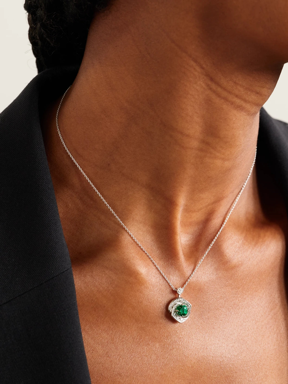 Image of Necklaces. Product name - Frozen Kiss 18-karat White Gold, Emerald And Diamond Necklace in Multi colour by brand - David Morris