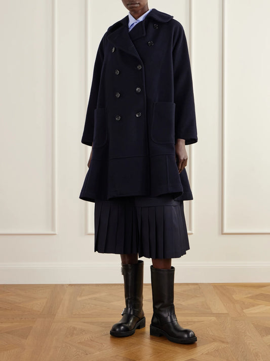 Image of Coats & Jackets. Product name - Double-breasted Melton Wool-blend Felt Coat in Navy colour by brand - Comme des Garçons GIRL