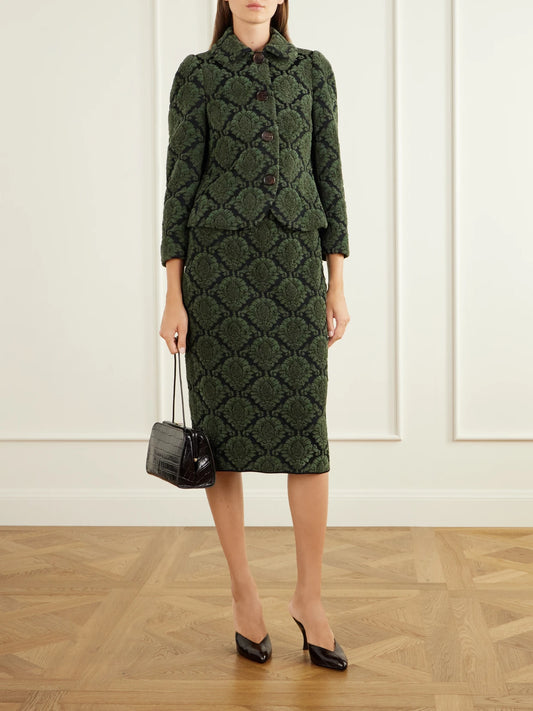Image of a model wearing Skirts. Product name - Cotton-blend Pile-jacquard Knee-length Skirt in Multi colour by brand - SHUSHU/TONG