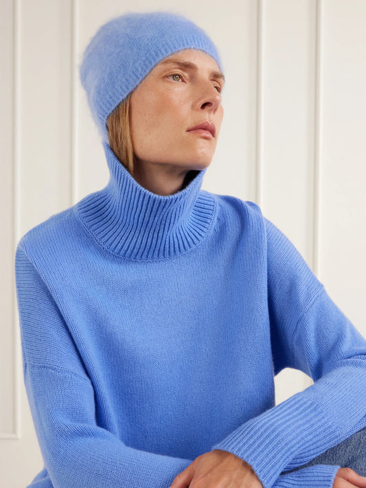 Image of Hats. Product name - Brushed-cashmere Beanie in Blue, Cream colour by brand - LISA YANG