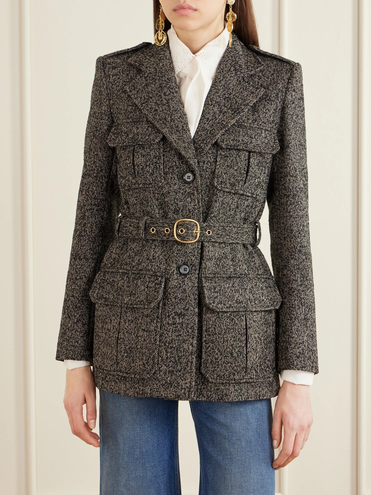 Belted Herringbone Wool-blend Jacket