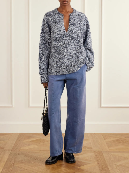 Image of a model wearing Outerwear. Product name - Alpaca And Wool-blend Sweater in Blue colour by brand - Sanderlak