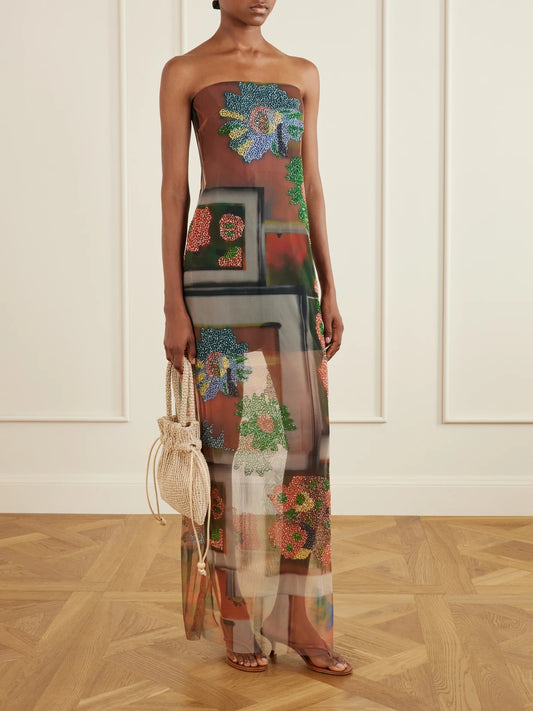 Image of Dresses. Product name - Liliana Beaded Printed Tulle Maxi Dress in Multi colour by brand - STAUD
