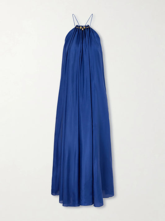 Image of Dresses. Product name - Aster Gathered Beaded Silk-satin Maxi Dress in Blue colour by brand - Zimmermann