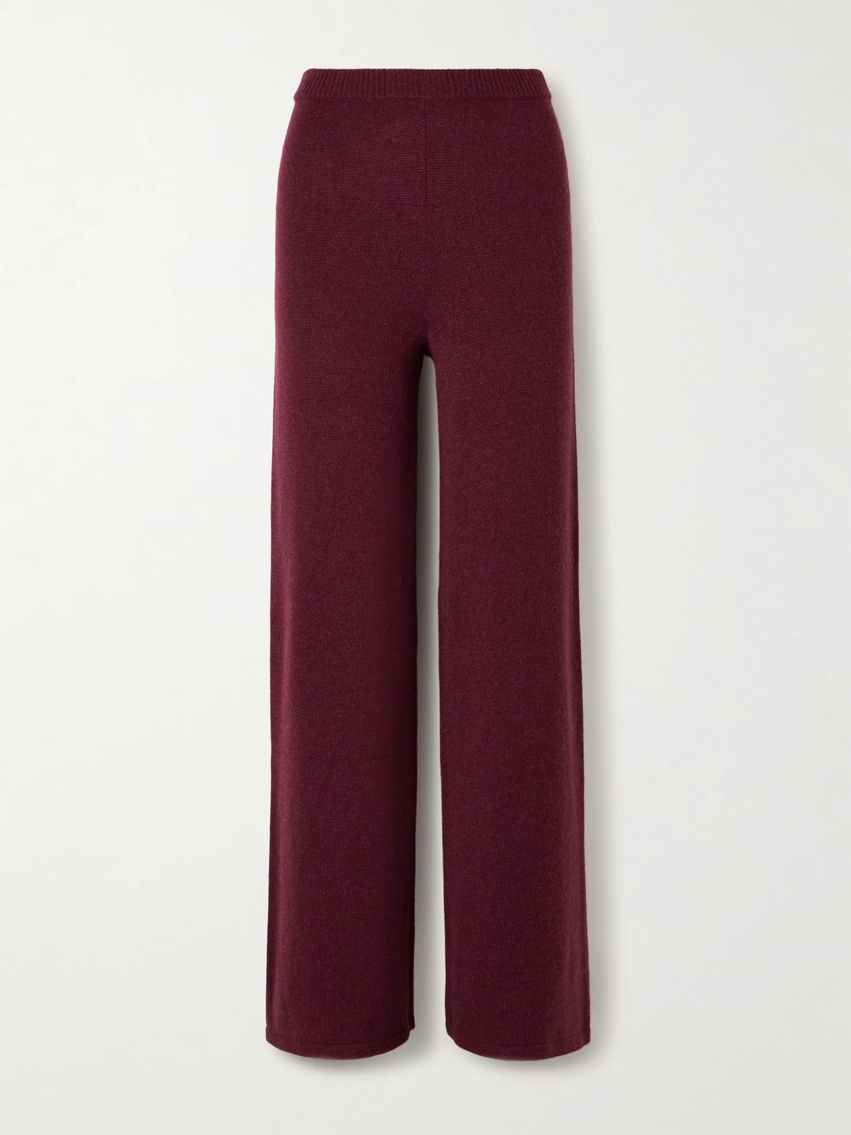 Image of a model wearing Pants. Product name - Juniper Cashmere Wide-leg Pants in Burgundy colour by brand - The Elder Statesman
