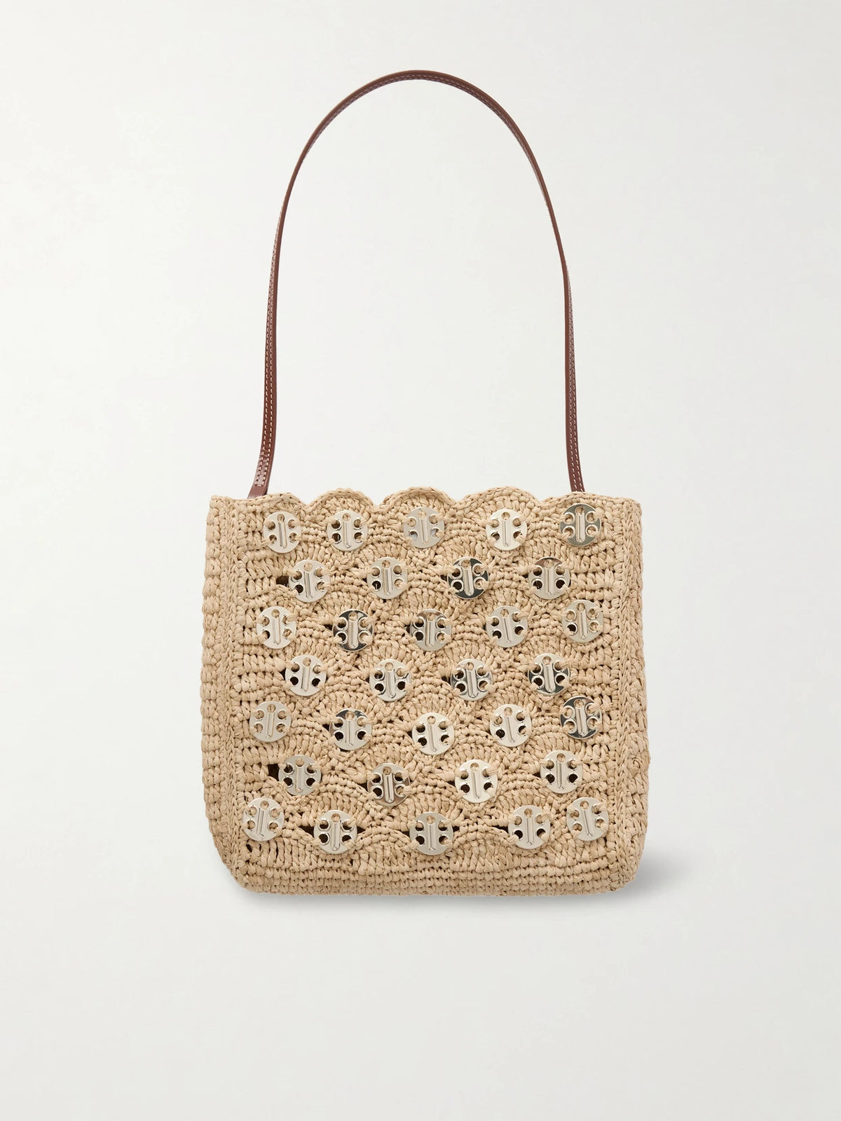 Leather-trimmed Embellished Woven Raffia Shoulder Bag