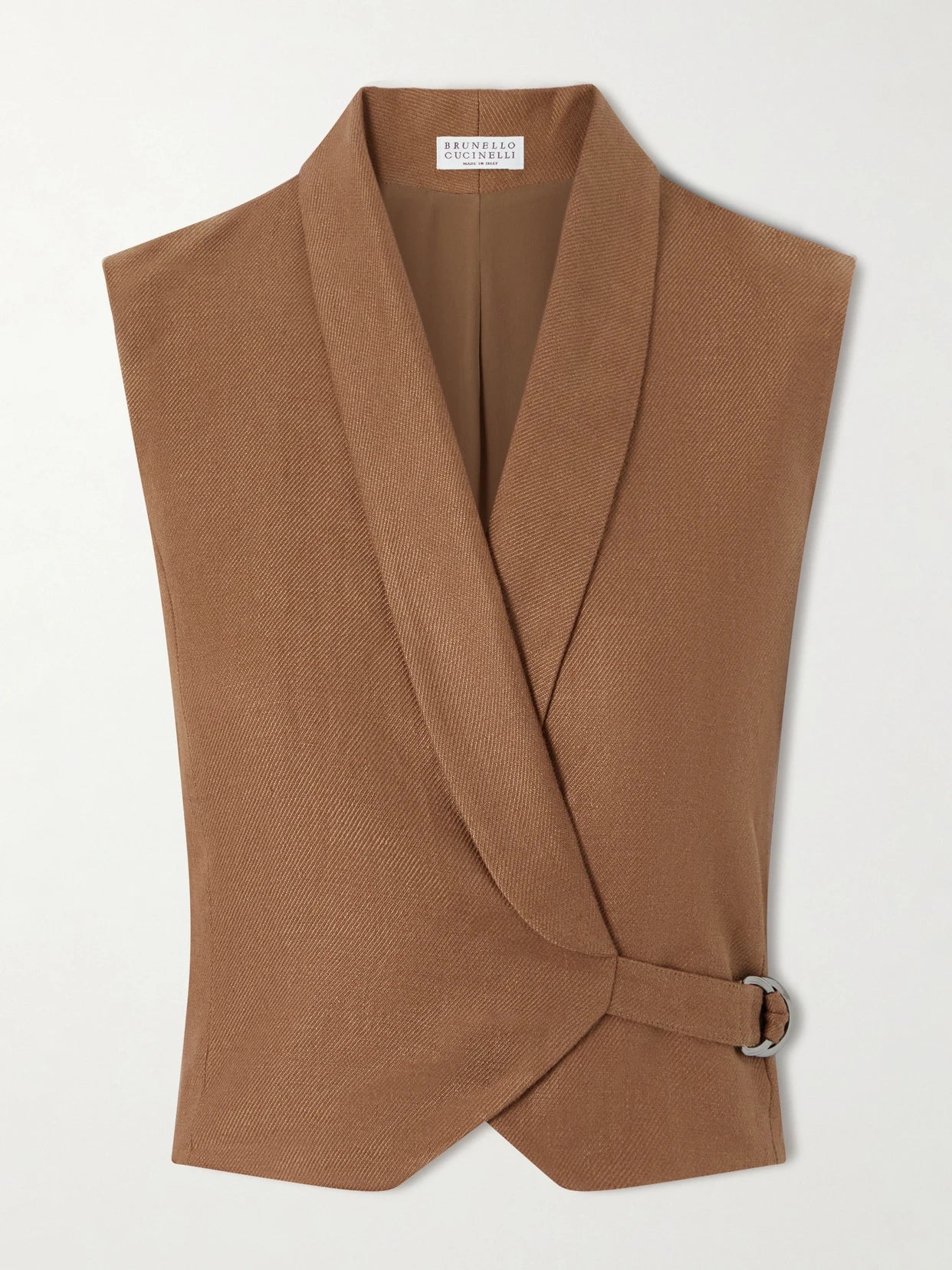 Image of Coats & Jackets. Product name - Linen-twill Wrap Vest in Brown colour by brand - Brunello Cucinelli