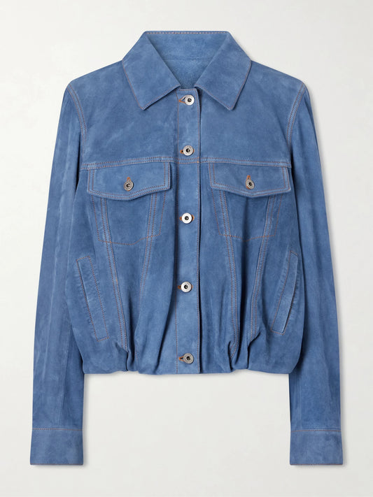 Image of Coats & Jackets. Product name - Gathered Suede Jacket in Blue colour by brand - LOEWE